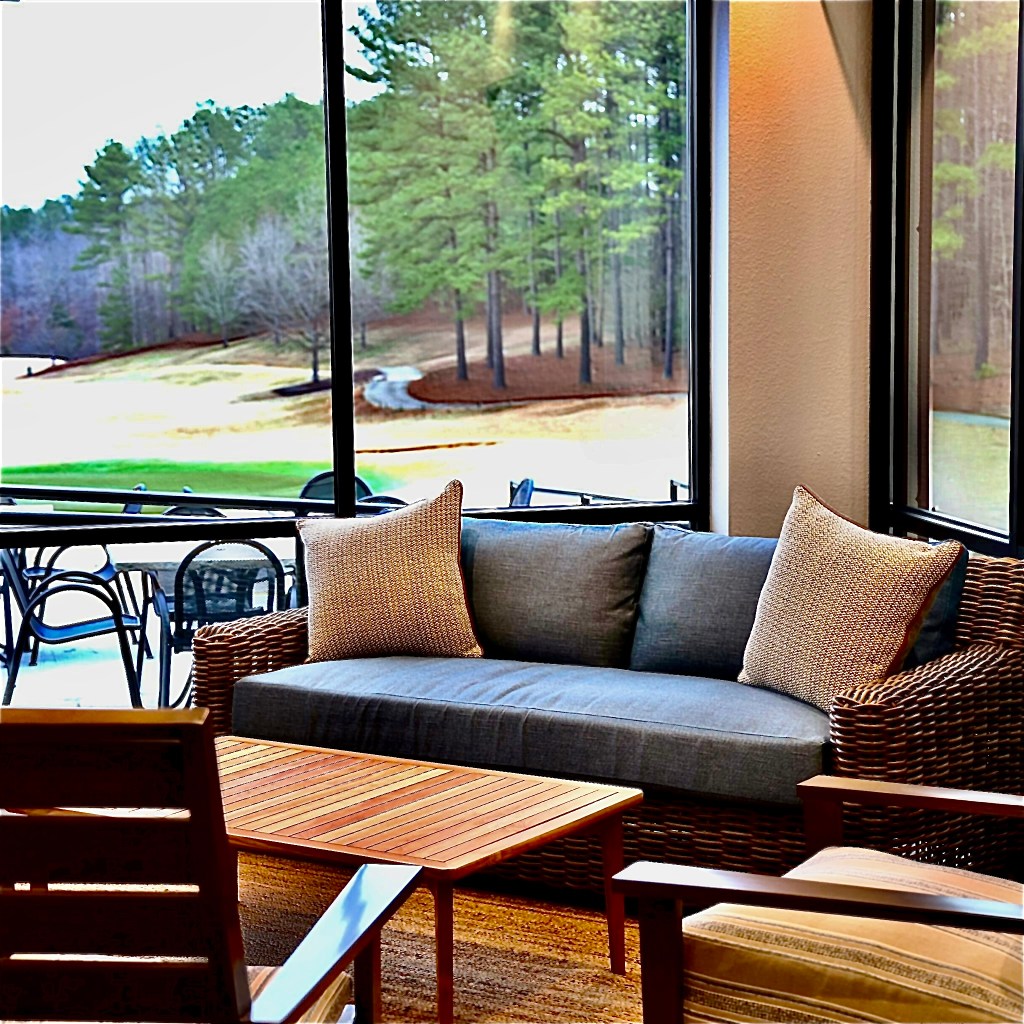 A brown couch near a window wall. Coffee table adjacent.